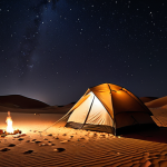 **A vast Libyan desert landscape at night. Countless stars fill the sky above a small campsite. A Bedouin tent is illuminated by a warm fire, casting long shadows on the sand dunes. Shooting stars streak across the dark sky.**