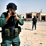 **

A professional photojournalist capturing a scene in Libya, focusing on the diverse nationalities of mercenaries present in a war-torn environment. The journalist is fully clothed in appropriate field attire, with a camera in hand, documenting the activities of armed men from various backgrounds (Russian, Sudanese, Western security contractors) amidst a desolate, sandy landscape with damaged buildings. Safe for work, appropriate content, professional, modest clothing, perfect anatomy, natural proportions, high quality.

**