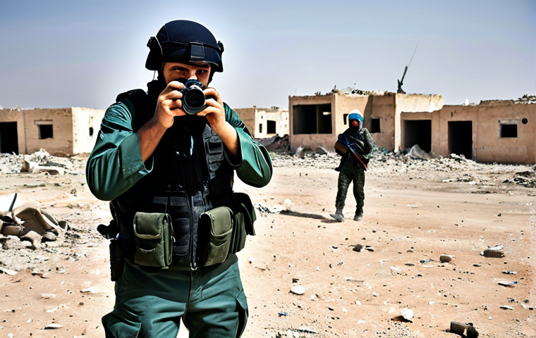 **

A professional photojournalist capturing a scene in Libya, focusing on the diverse nationalities of mercenaries present in a war-torn environment. The journalist is fully clothed in appropriate field attire, with a camera in hand, documenting the activities of armed men from various backgrounds (Russian, Sudanese, Western security contractors) amidst a desolate, sandy landscape with damaged buildings. Safe for work, appropriate content, professional, modest clothing, perfect anatomy, natural proportions, high quality.

**