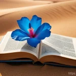 리비아에서 유명한 문학 작품과 작가 - A cinematic, realistic portrayal of a single, vibrant desert rose blooming from the spine of an anci...
