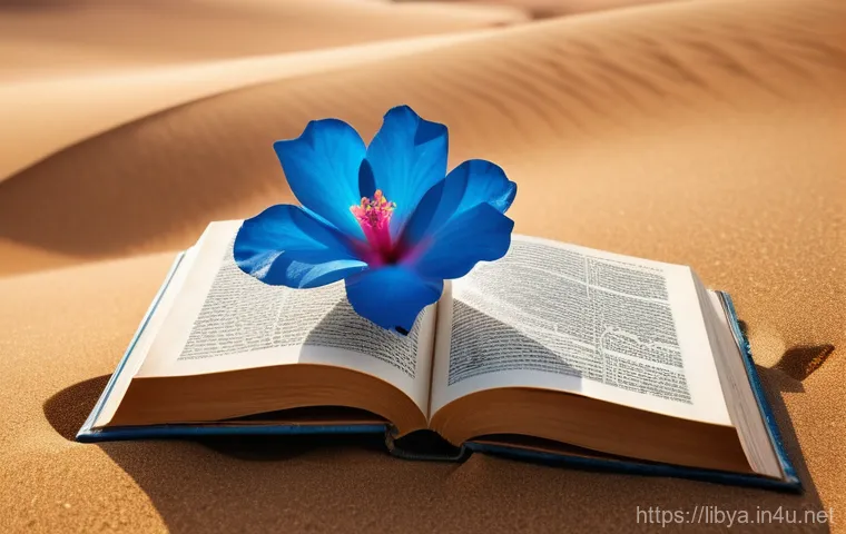 리비아에서 유명한 문학 작품과 작가 - A cinematic, realistic portrayal of a single, vibrant desert rose blooming from the spine of an anci...